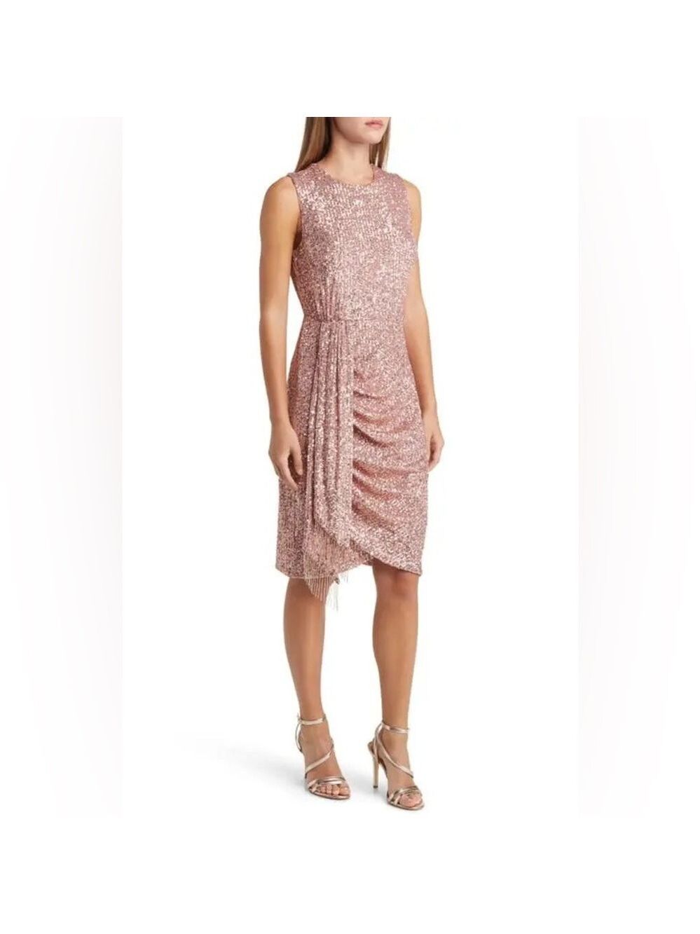Tahari ASL blush cocktail dress - size 6 - NWT - side ruched sequins & beads